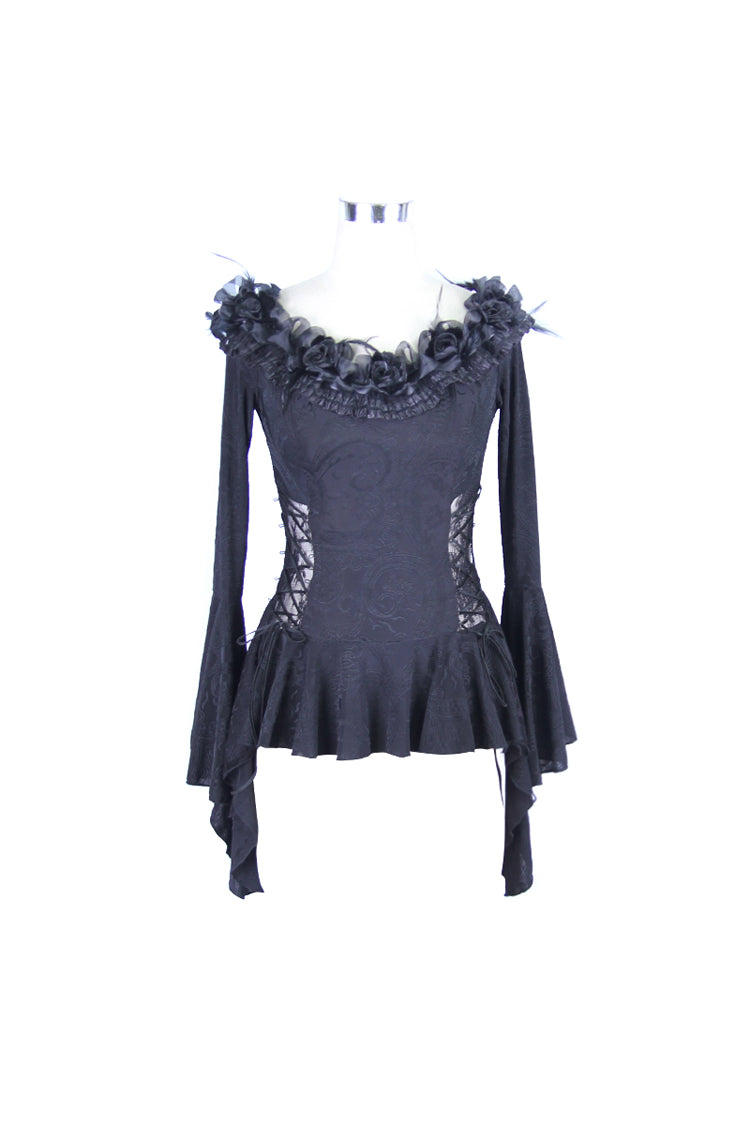 Gothic One-Shoulder Blouse with Rose, Lace-Up Flare Sleeves & Side Splice