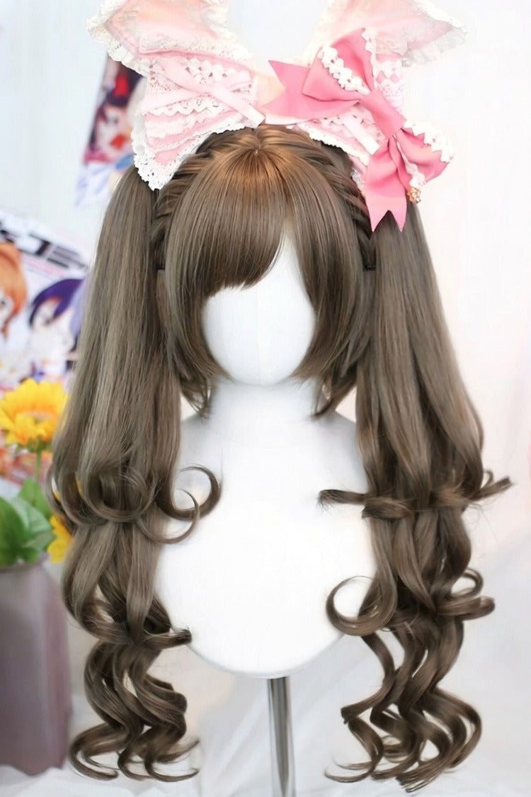 Sweet Lolita Twin Pigtails Wig Set with Ash Brown Side-Swept Bangs