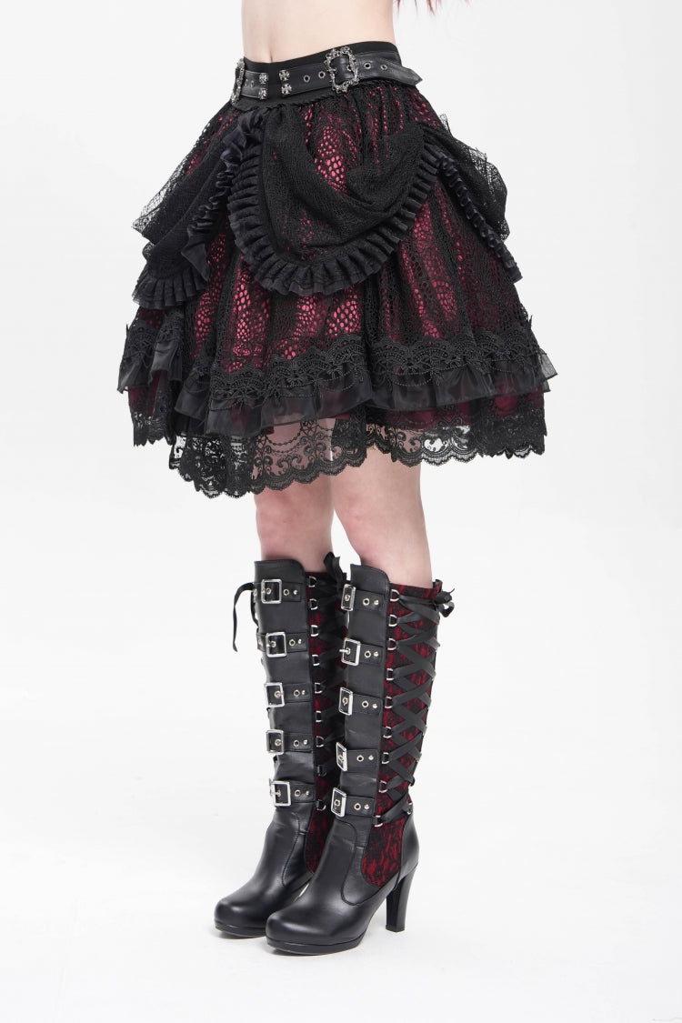 Crimson & Noir Multi-Layer Ruffled Buckle Strap Gothic Skirt