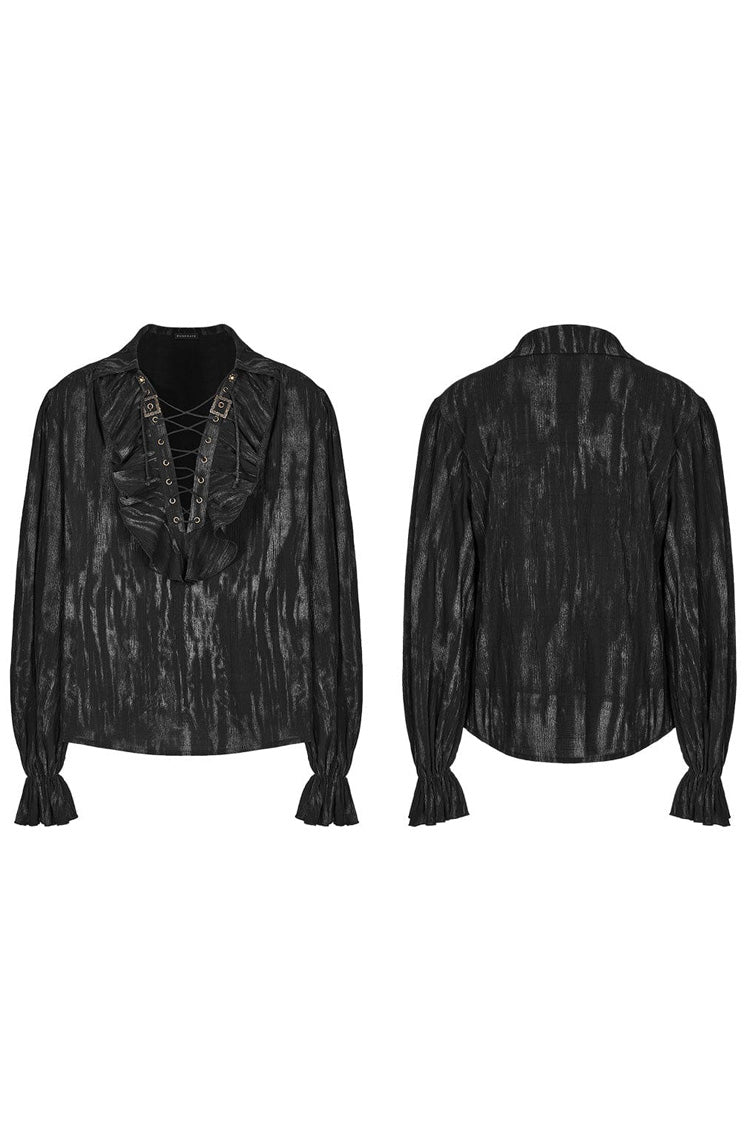 Gothic Men's Blouse with Lantern Sleeves and Ruffled V-Neck - Two Tones
