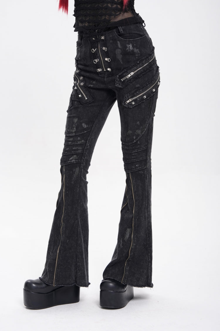 Edgy Flared Trousers with Zips and Pleats for Women - Noir