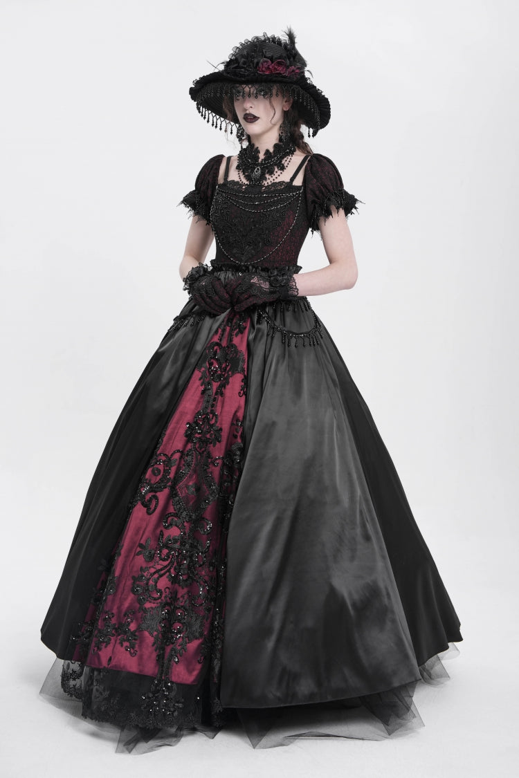 Crimson & Noir Off-Shoulder Embroidered Stitched Lace Gothic Dress