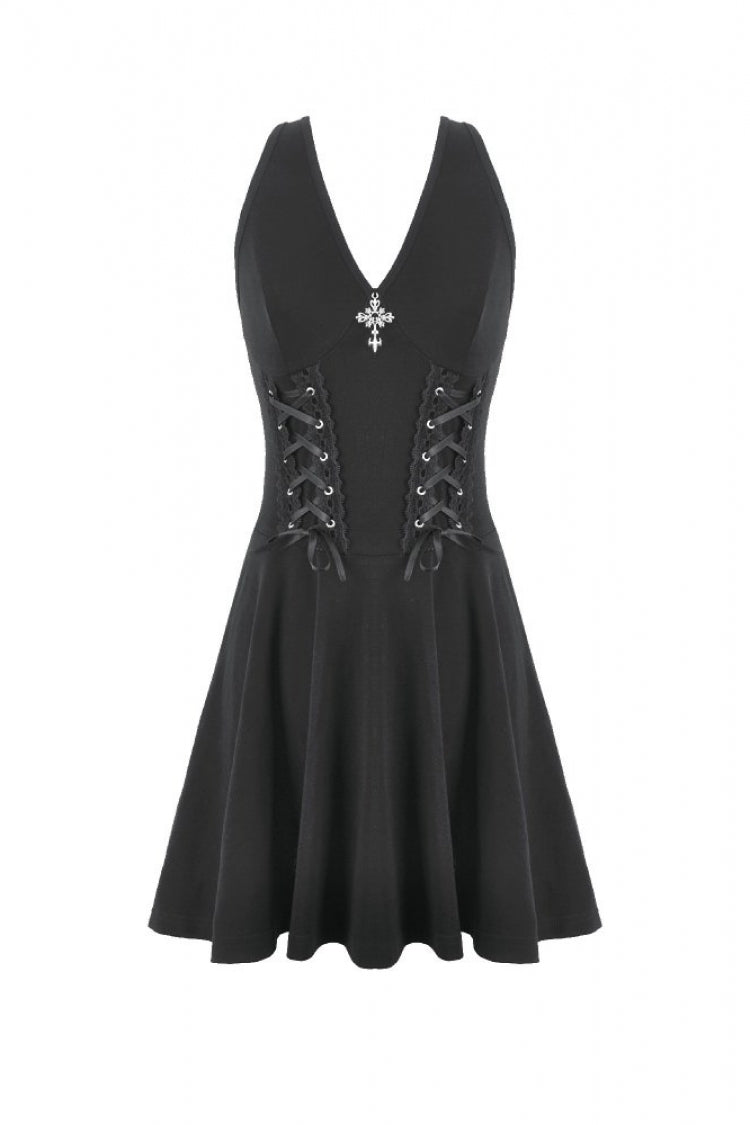 Women's Gothic Short Dress with Plunging Neck, Side Corset and Cross Lace-Up