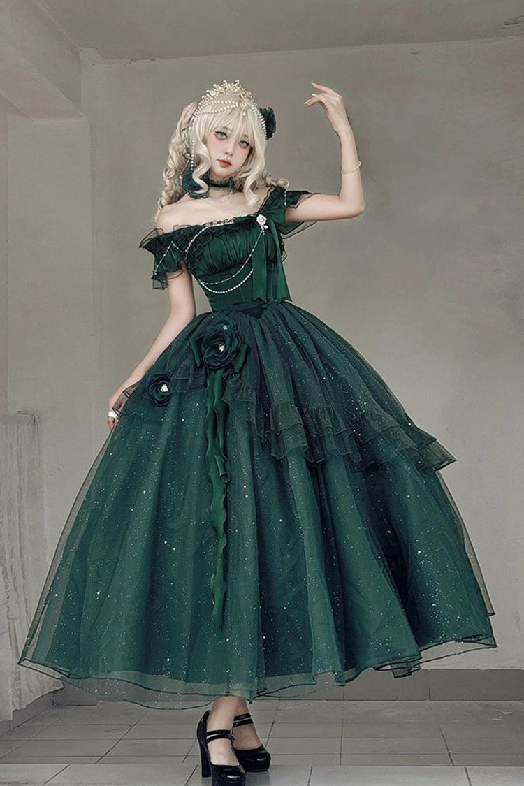 Emerald Bright Stars Off Shoulder Ruffle Bow Asymmetric Elegant Princess Lolita Gown