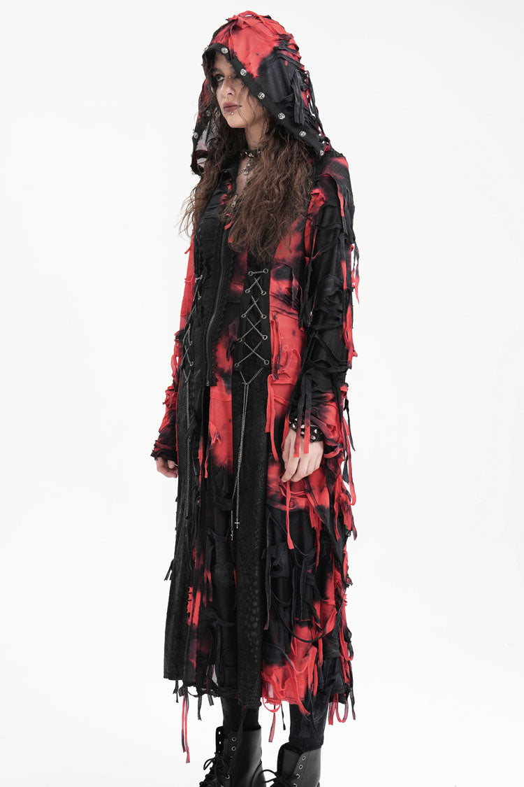 Crimson & Noir Long Sleeve Lace Distressed Zippered Punk Coat