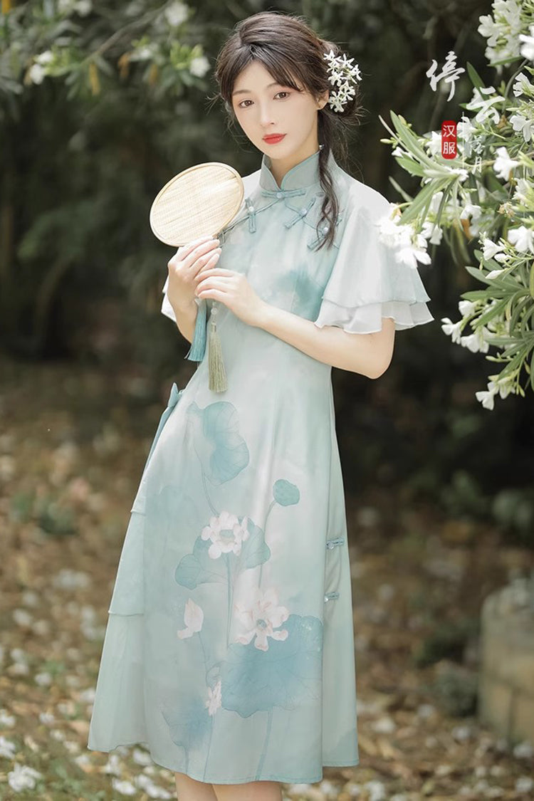 Emerald Ruffle Short Sleeve Lotus Print Sweet Cheongsam Hanfu Dress