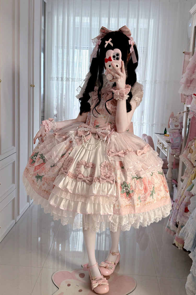 Berry Sweet Wish Square Collar JSK Set, Pearl Decorated Bow Lace Ruffled Print