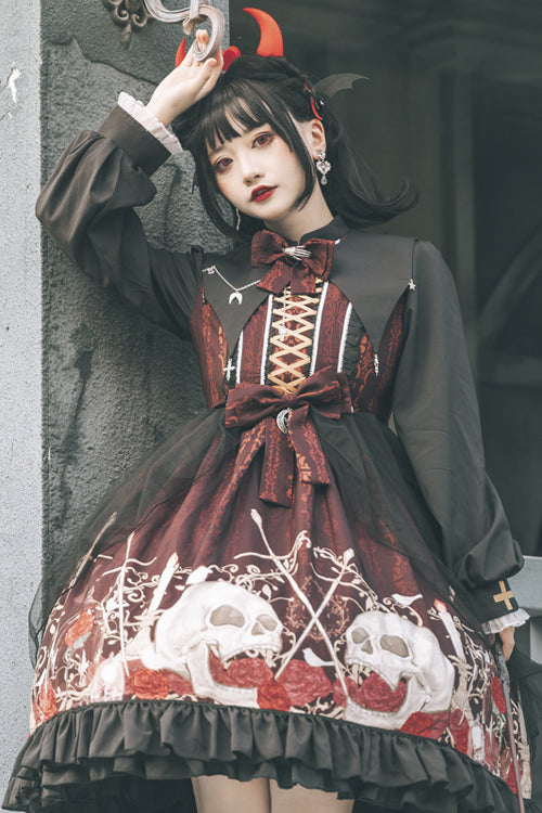 Crimson Noir High-Waist Printed Lolita OP Dress with Lapel Collar