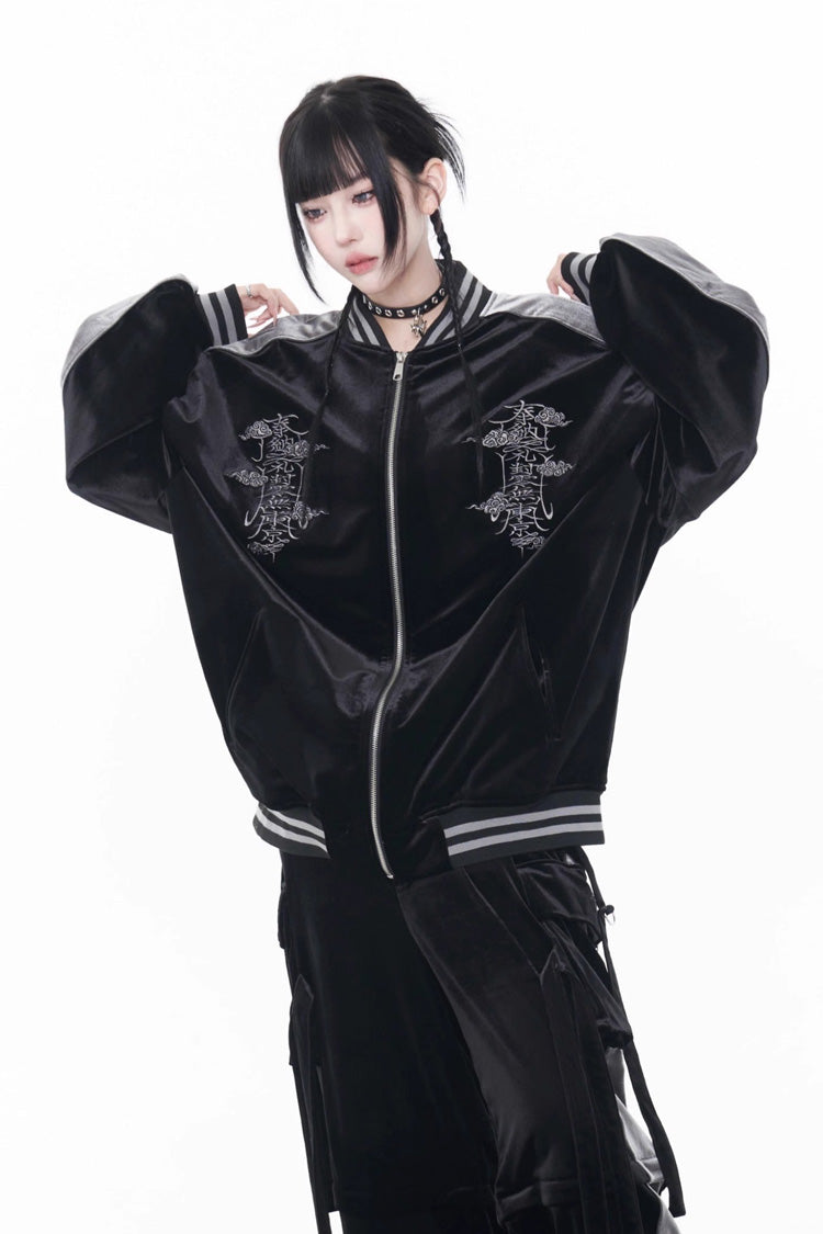 Chinese-Japanese Gothic Coat with Embroidery and Print, Long-Sleeve Jirai Kei