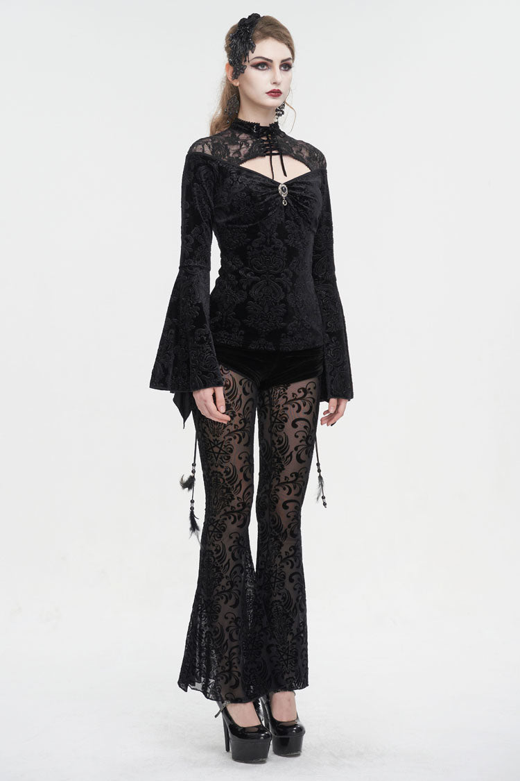 Gothic Shirt with Cutout Round Collar Flared Sleeves and Embossed Floral