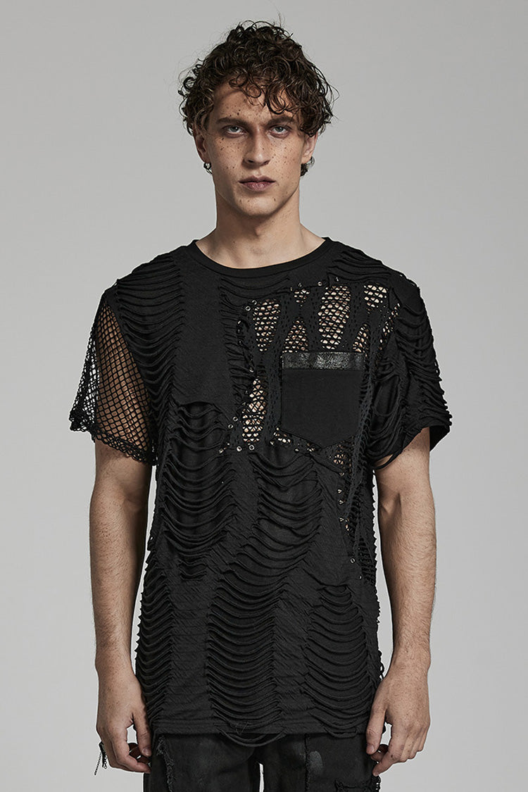 Distressed Mesh-Stitch T-Shirt with Ripped Details
