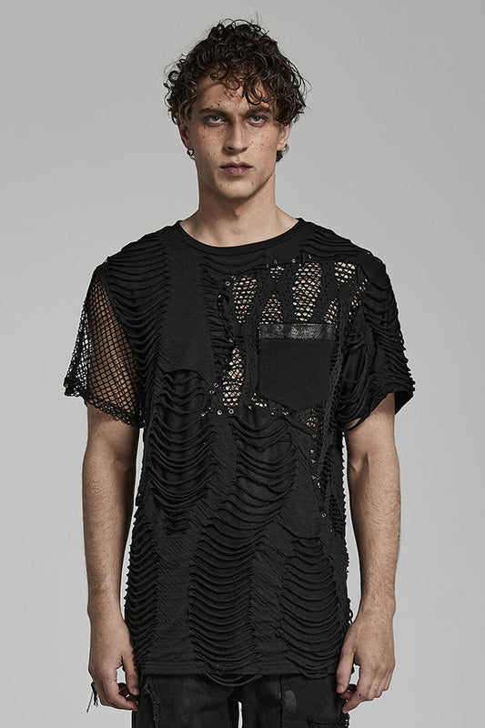 Distressed Mesh-Stitch T-Shirt with Ripped Details