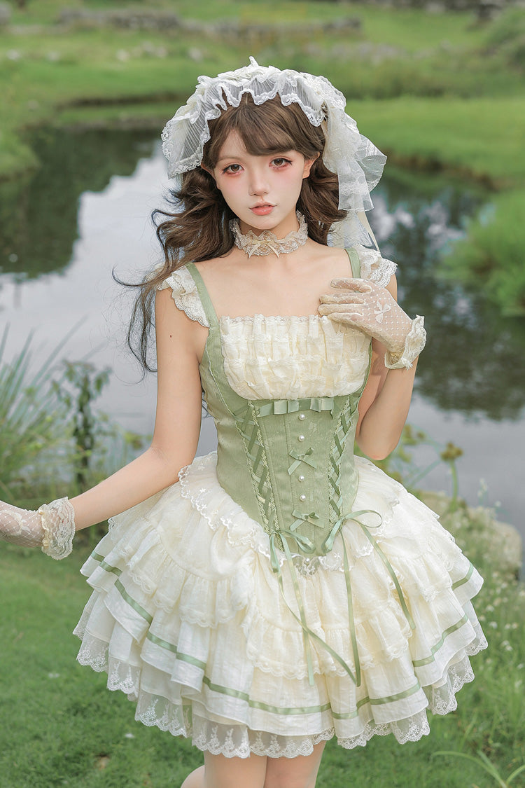 Emerald Square Neck Ruffled Lace Bow Accent Sweet Lolita JSK in Two Styles