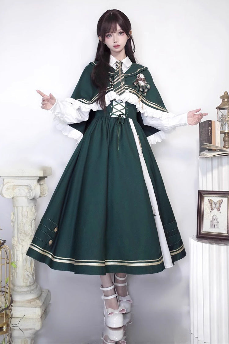 Emerald Time Traveler Print College Style Sweet Lolita Strap Gown 4 Piece Set