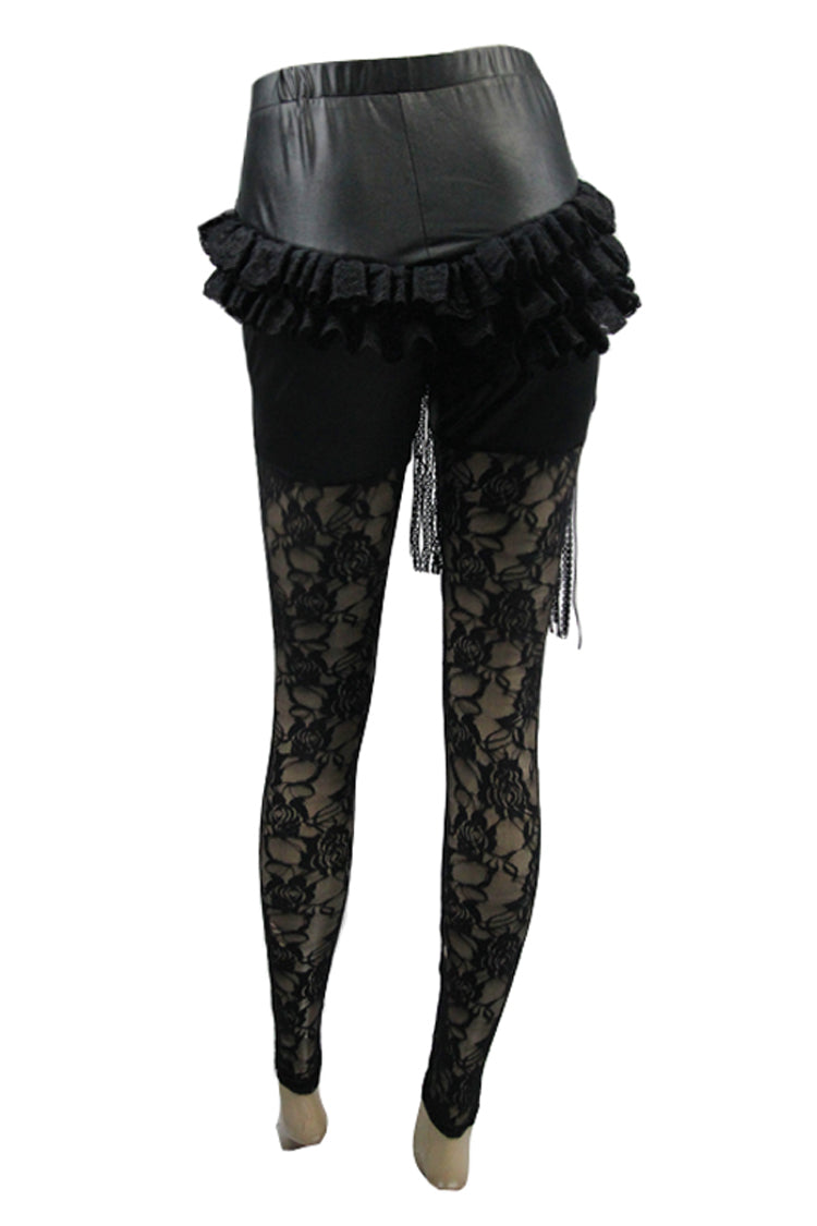 Gothic Leggings with Knitted Base Rose Flower Net and Asymmetric Lace