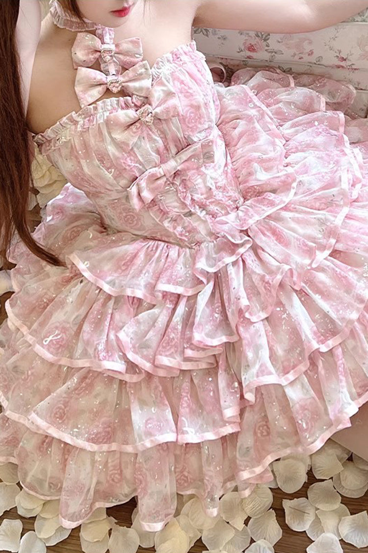 Broken Silver Rose Halterneck Tiered Dress, Multi-Layered Ruffle Bowknot Princess