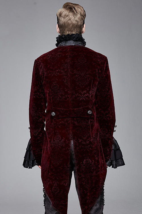 Lotus Leaf Corsage Collar Men's Red Gothic Swallowtail Coat