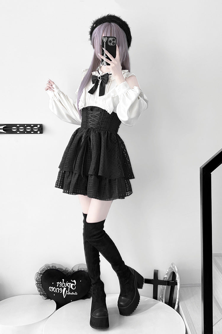 Noir Lace Bowknot Lace-Up Jirai Kei Skirt - Blackberry Rite