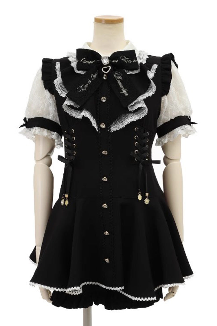 Jirai Kei Sweet Dress with Diamond Buckle, Heart Bow & Lace Faux Two-Piece