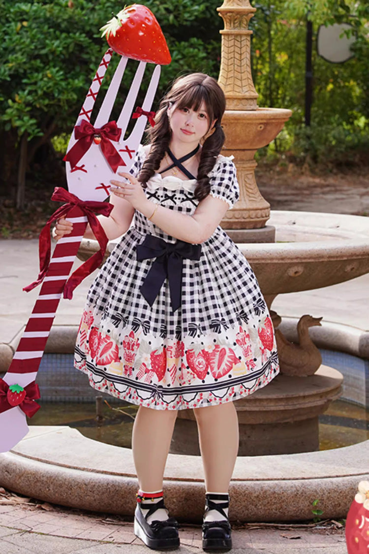 Strawberry-Plaid Sweet Lolita Dress with Bow Accents