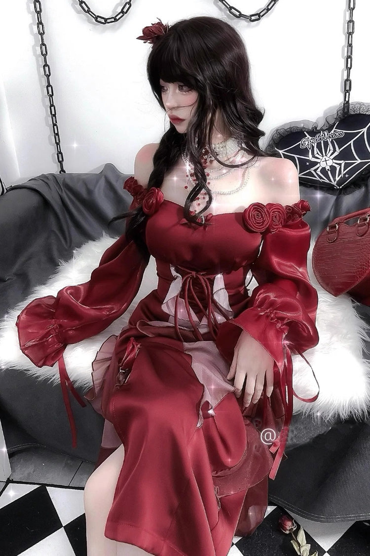 Crimson Bow-Embellished Strapless Lolita Gown with Long Sleeves