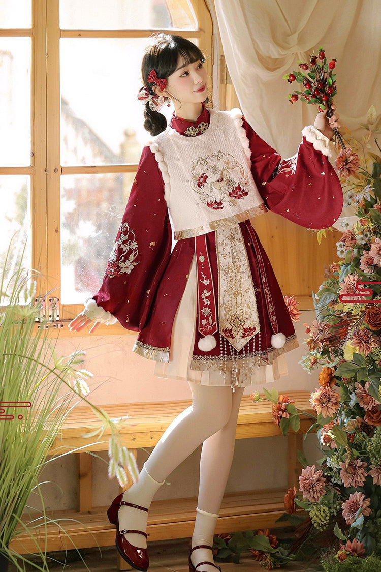 Ruby Embroidered Hanfu Ensemble with Bell Sleeves and High Waist