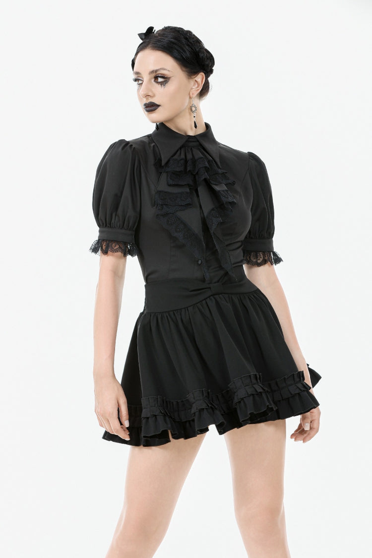 Lapel Collar Puff Sleeve Blouse with Removable Cravat - Gothic Edge
