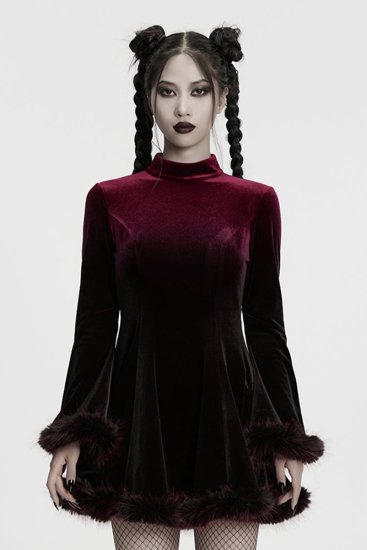 Crimson Noir Ombre Long-Sleeve Gothic Dress for Women