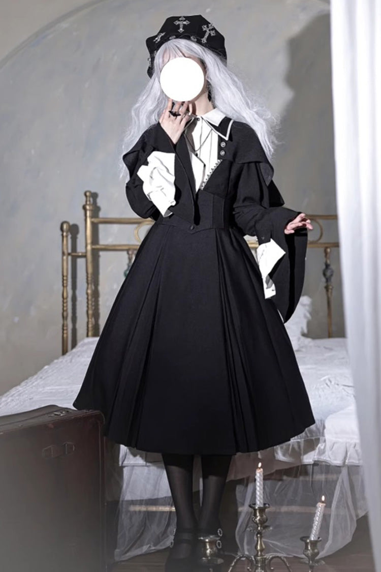 Plus Size Gothic Lolita Strap Dress Set with Nun Salute Cross and Ruffled Long Sleeves