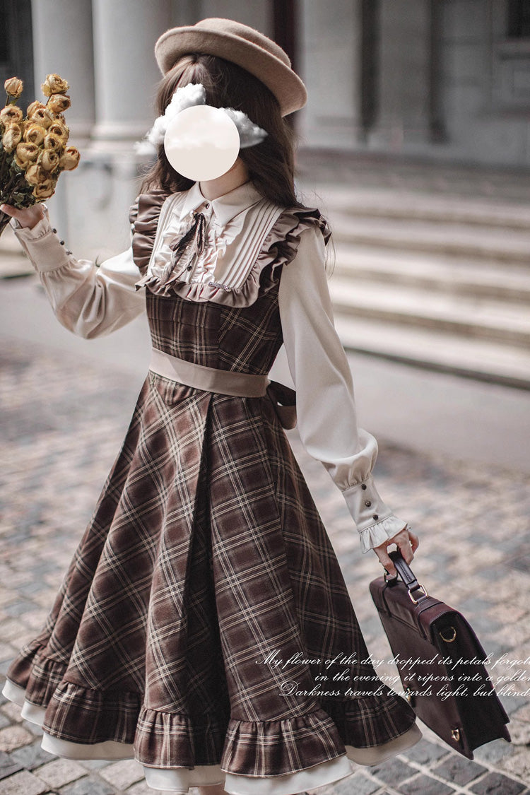 Vintage College Style Lolita Dress with Ruffle Sleeves and Print