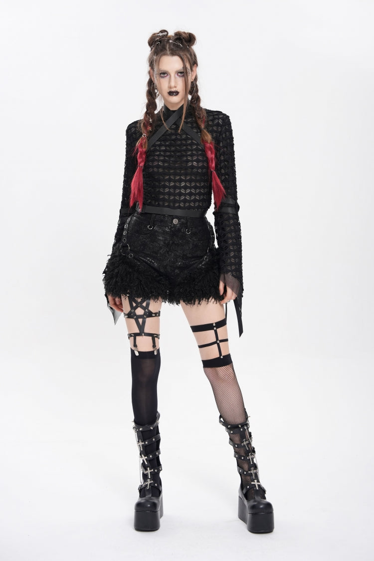 Plush Stitched Punk Shorts with Buckle Straps - Gothic Edge