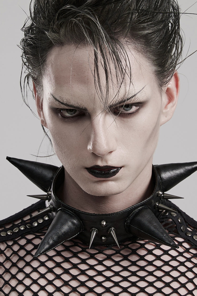 Men's Steampunk Pointed Choker with Cracked Leather and Metal Nail Decoration