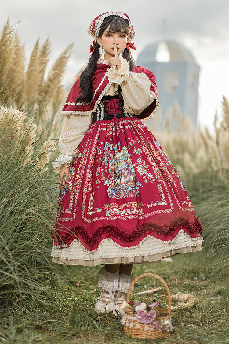 Burgundy Berries and Birds Print Ruffle Bow Velvet Classic Lolita Corset JSK Dress