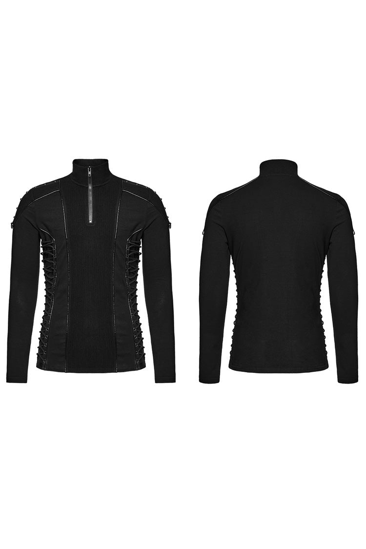 Punk Top with Rivets and Zipper, Drawstring Long-Sleeve Men's Shirt