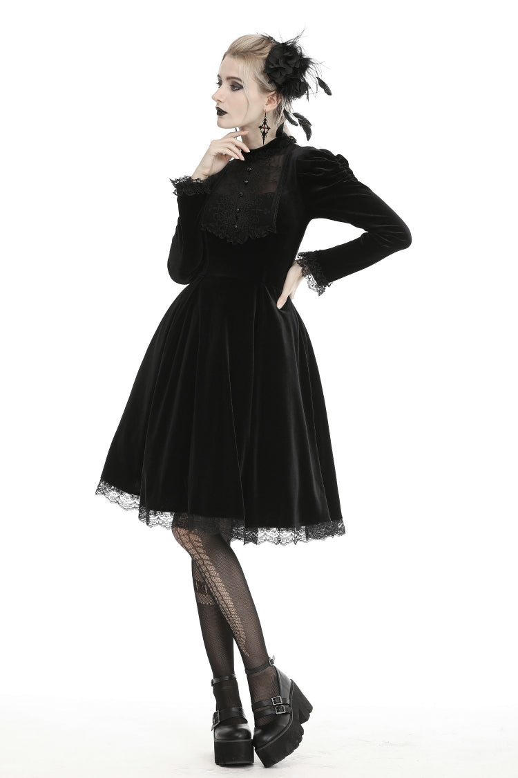 Gothic Velvet Gown with Puff Sleeves and Lace Detailing in Black