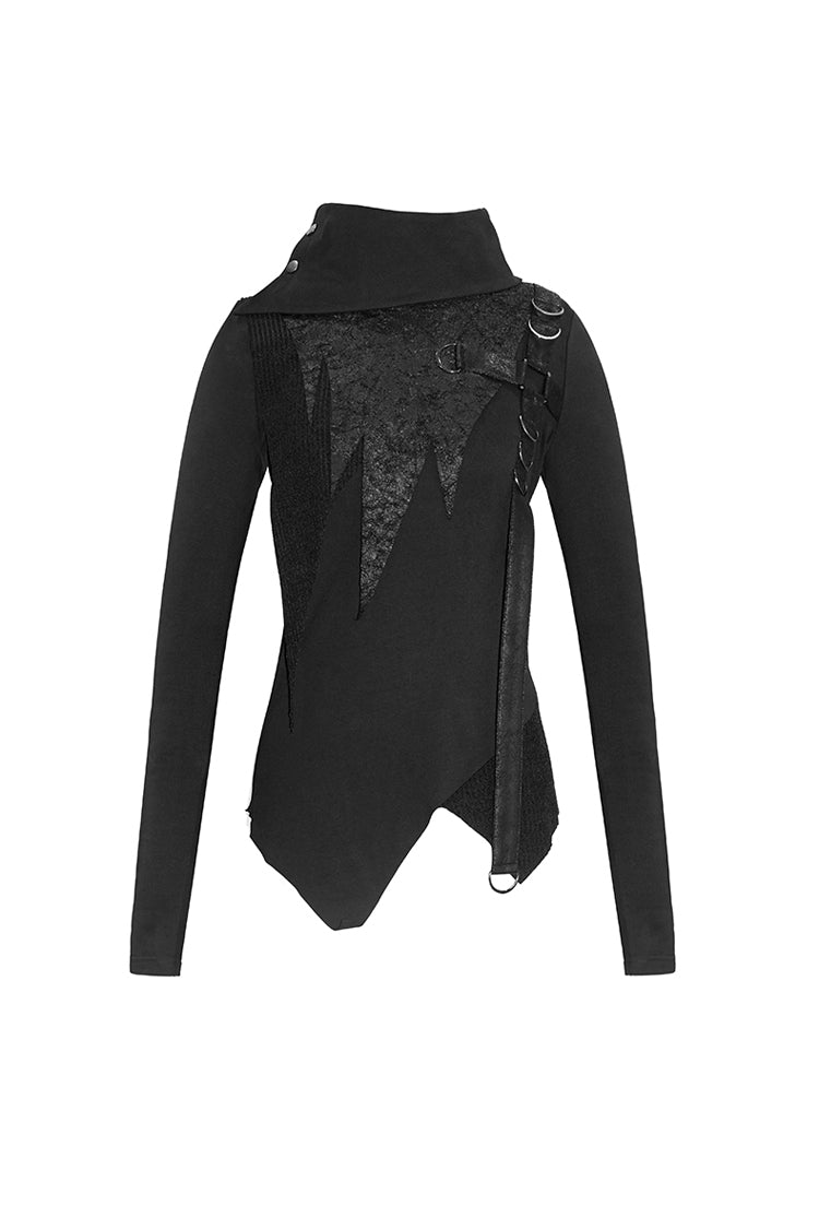 Women's Punk Tee with Cross Clasp and Asymmetric Hem - Noir