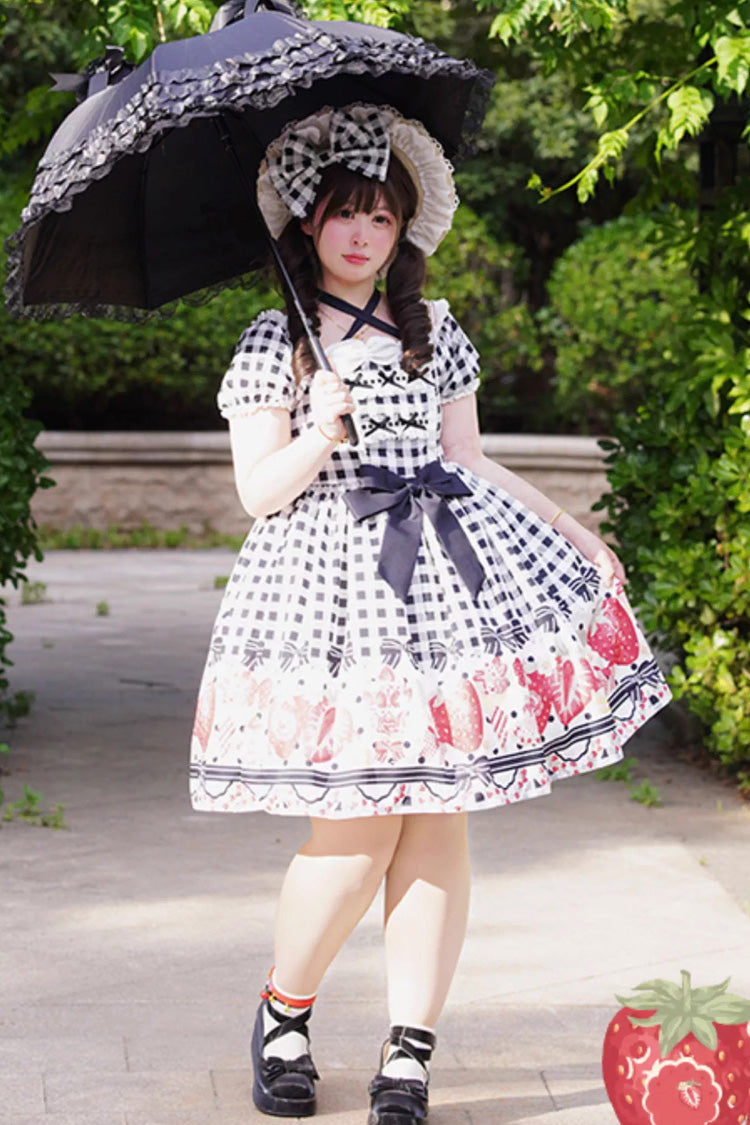 Strawberry-Plaid Sweet Lolita Dress with Bow Accents