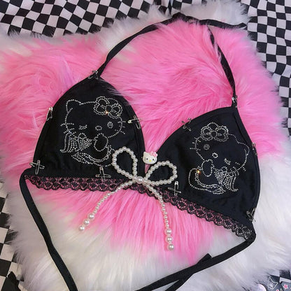 Y2K Rhinestone Kitty Pearl Bow Lace Bikini KI531