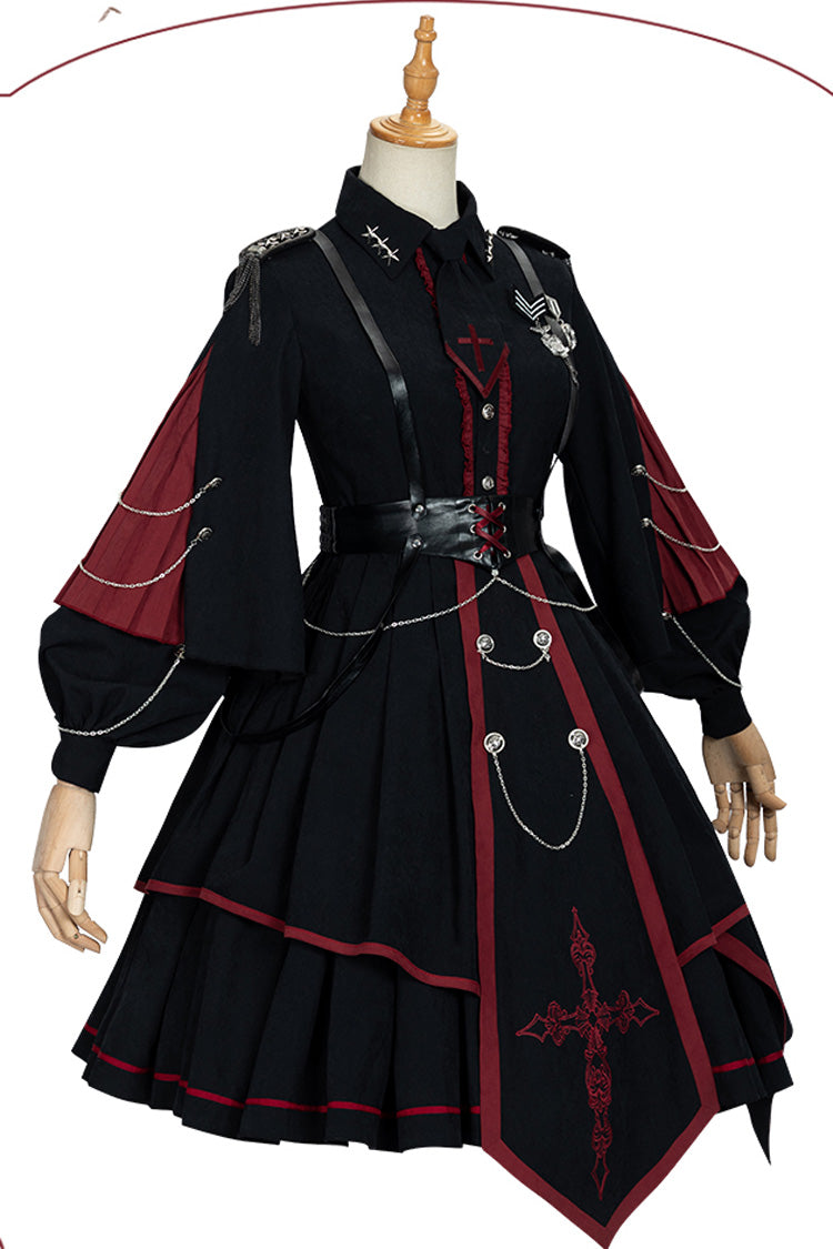 Crimson & Noir Long Sleeve Punisher Military Asymmetric Gothic Lolita Full Set