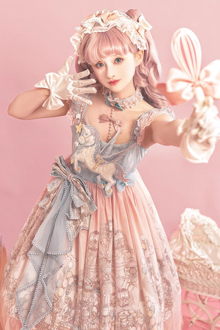 Pink Cloud Paradise Embroidered Ruffle Bow Lace Lolita JSK