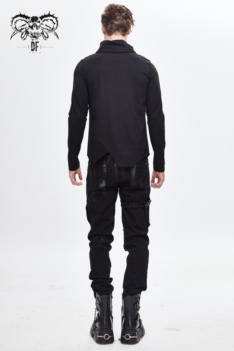 Men's Punk Tee with Cross Clasp and Asymmetric Hem - Noir