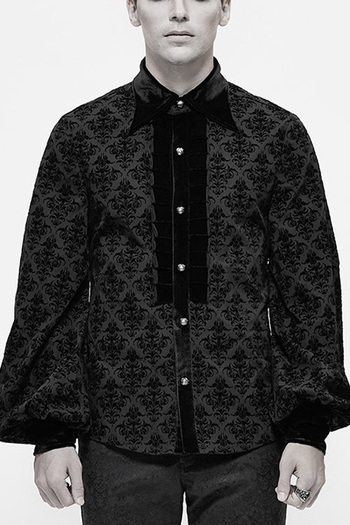 Men's Gothic Blouse with Court Pattern, Flocking and Lantern Sleeves