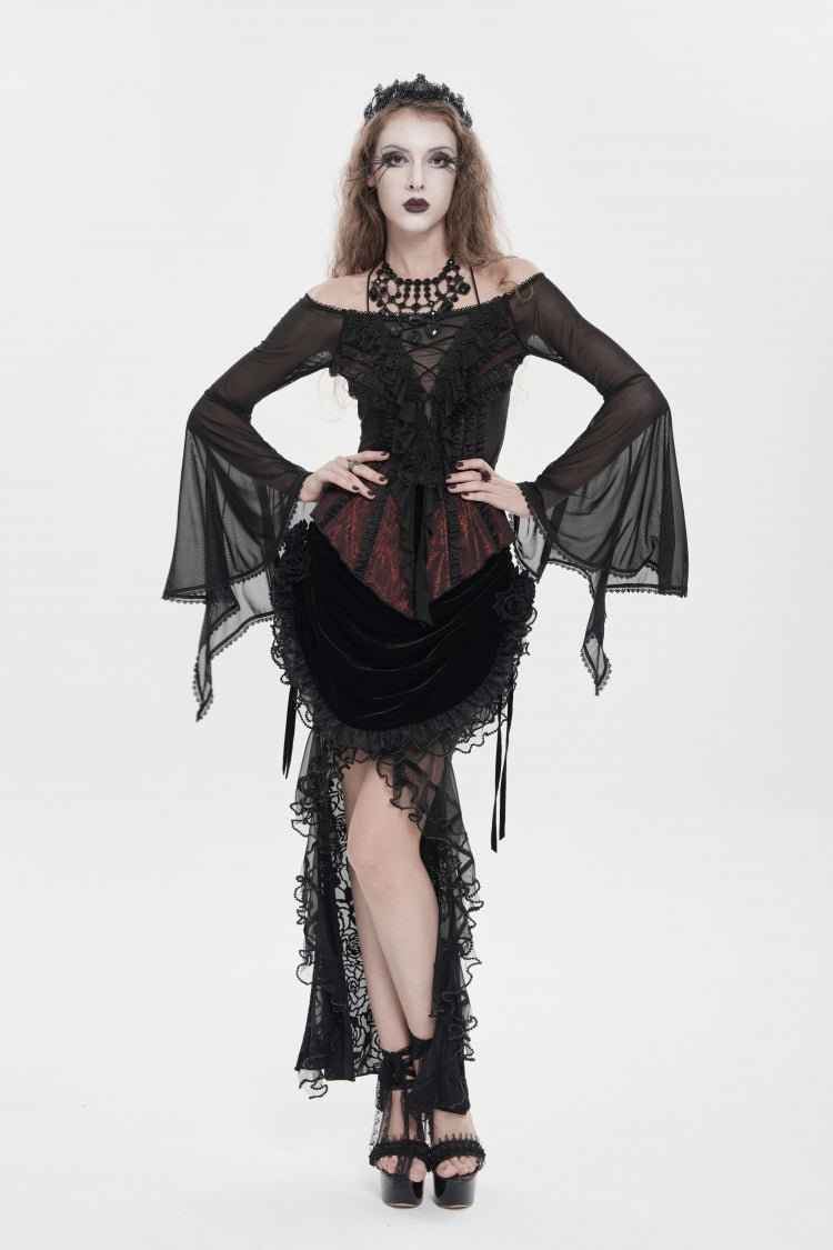 Crimson & Noir Off-Shoulder Long Bell Sleeve Ruffled Embroidered Lace-Up Gothic Blouse