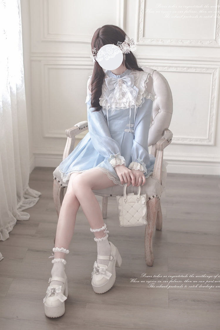 Angel Heartbeat Bowknot Lace Sweet Jirai Kei Japanese Dress with Long Sleeves