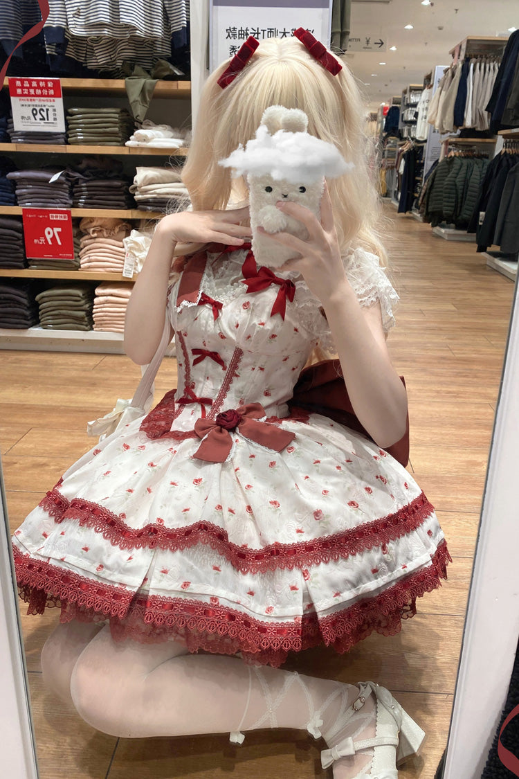 Burgundy First Love Rose Layered Print Ruffle Bow Lace Sweet Lolita JSK Dress Set