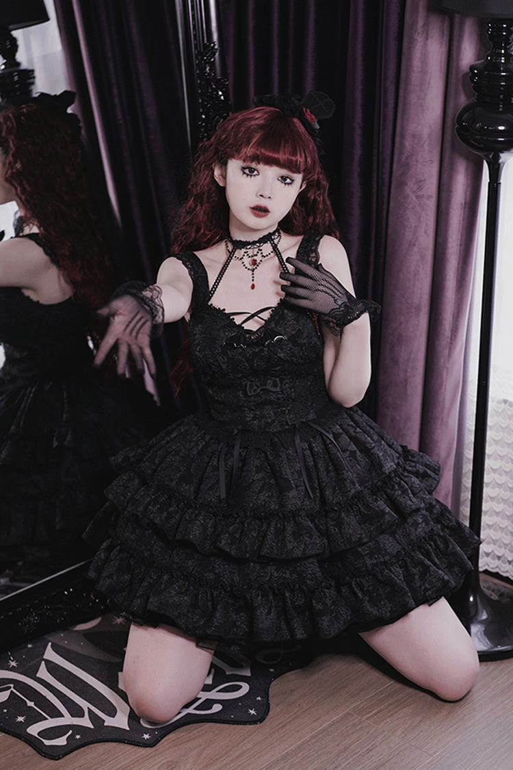 Crying Rose Double-Layer Ruffled Embroidered Bow Lace Gothic Ballet Lolita Skirt Set in 4 Shades