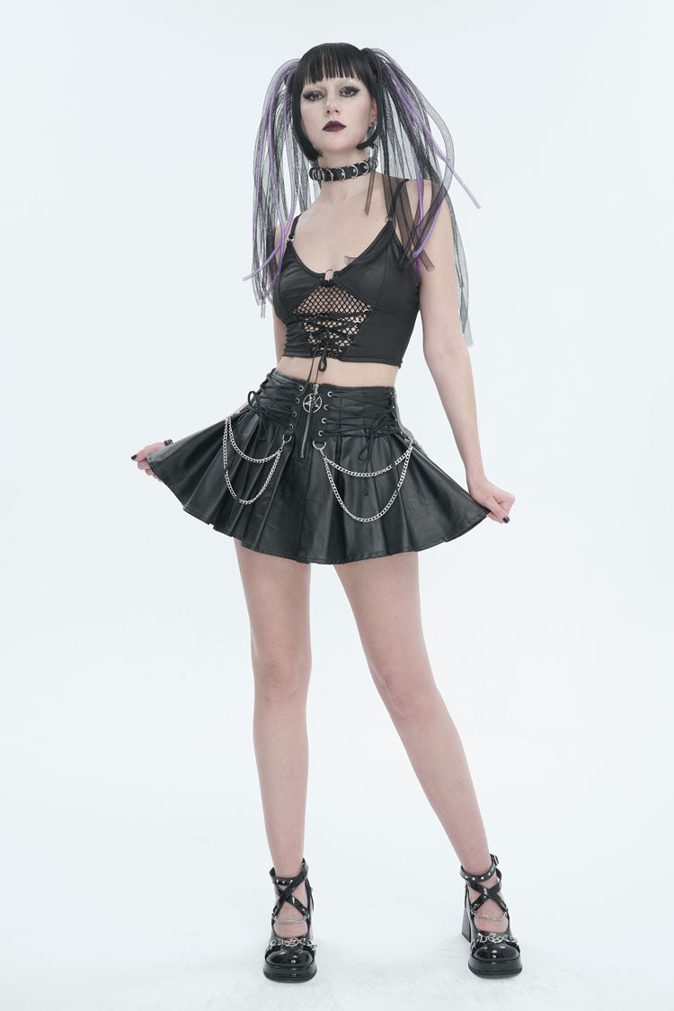 Gothic Camisole with Mesh Panel, Metal Buckle & Adjustable Rope in Black
