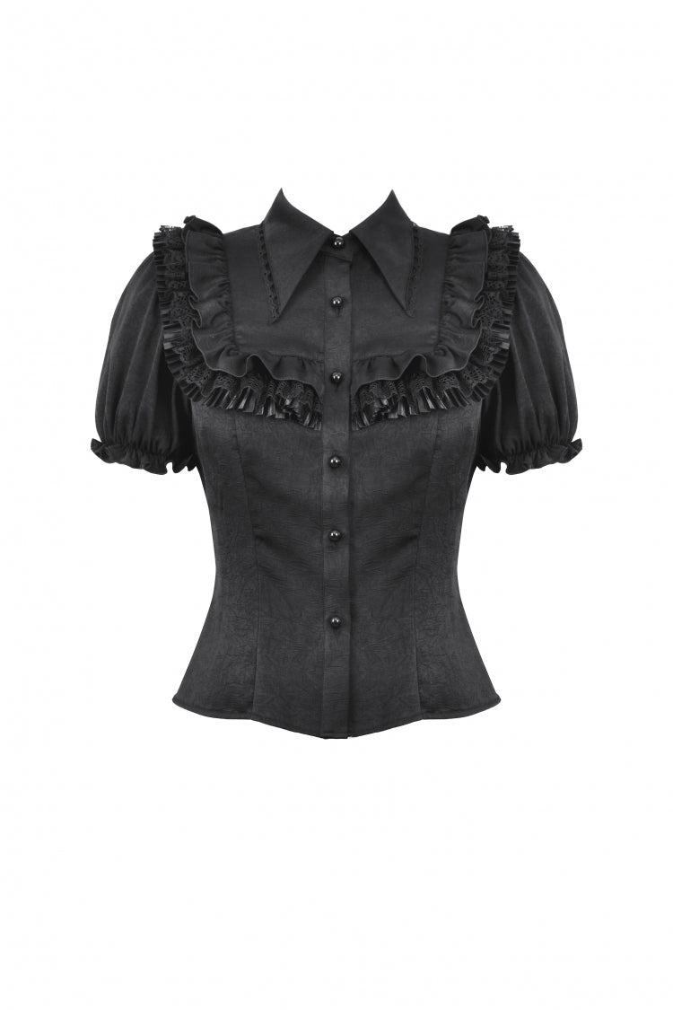 Ruffled Gothic Blouse with Puff Sleeves and Collar - Gothic Edge