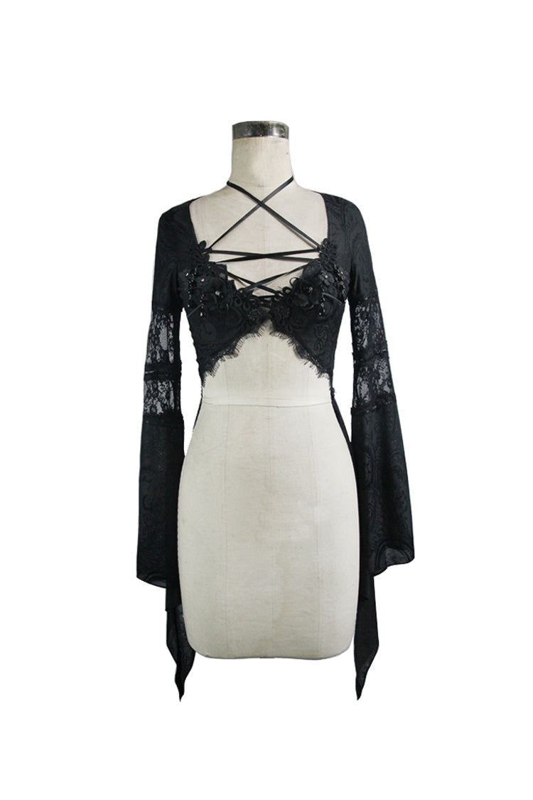 Transparent Mesh Long-Sleeve High-Low Lace Blouse