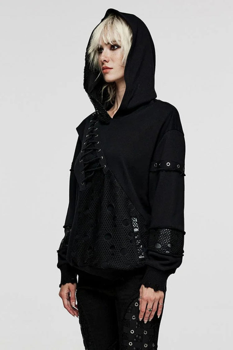 Steampunk Jacket with Metal Eyelets and Lace-Up Hood, Long-Sleeve Women's